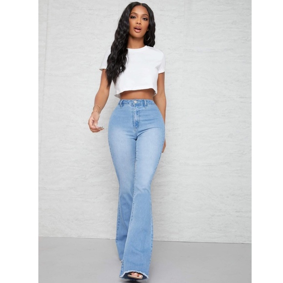 Flared Leg Blue Jeans High Waist for Curvy Hips Long Denim Bell Bottom - Picture 2 of 8
